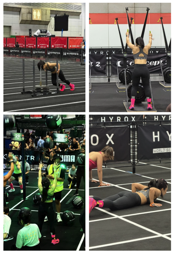 HYROX competition — sled push, wall balls, burpees