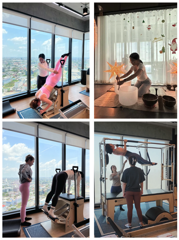 Pilates studio — reformer, chair and sound bowls